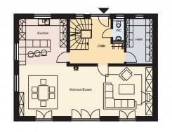 Grundriss des Erdgeschosses eines Einfamilienhauses der Firma Bau-Haus24 - Großes Wohnzimmer mit Esszimmer und offener Küche